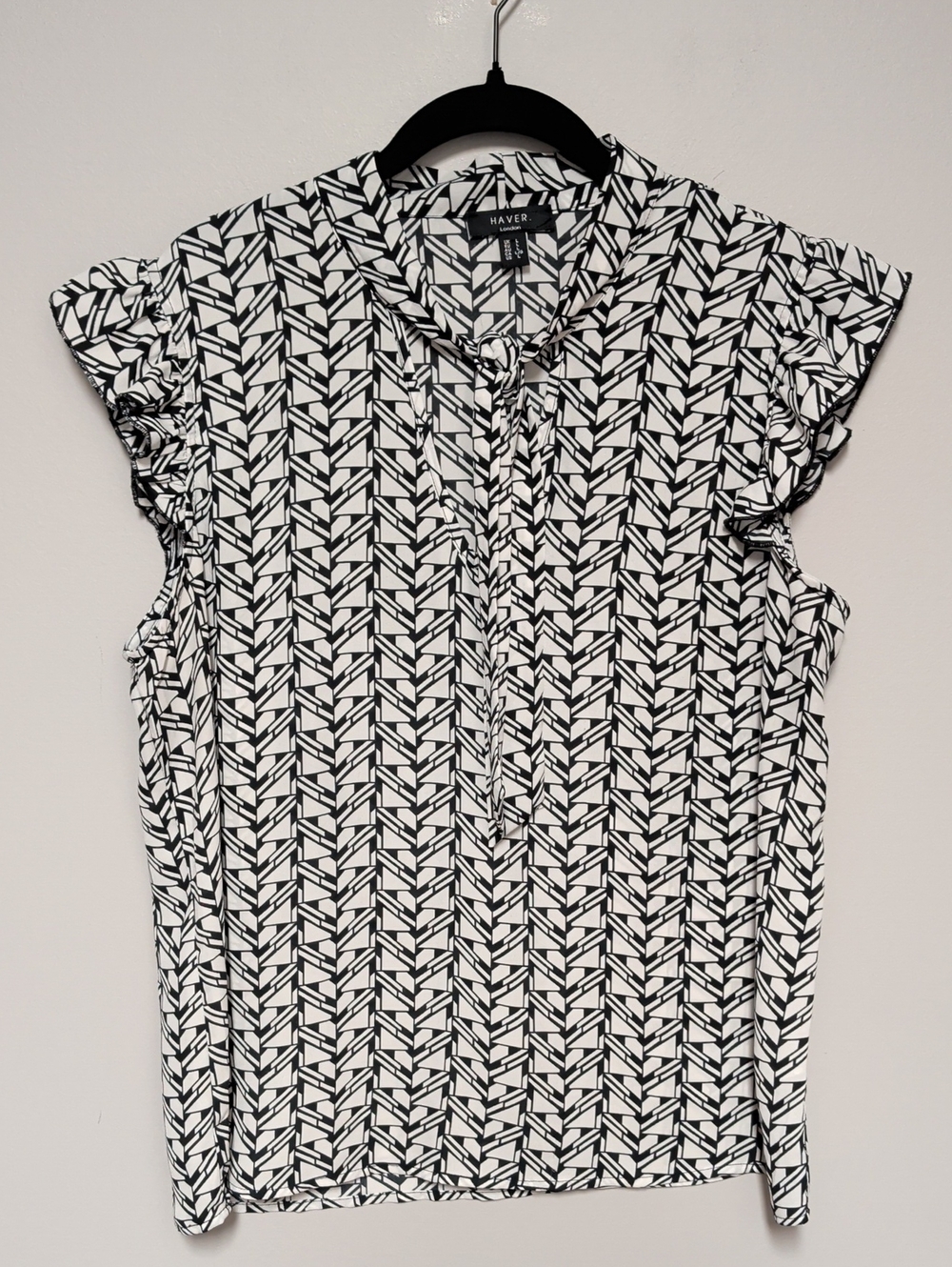 Haver. Black & White Geometric Tie-Neck Flutter-Sleeve Blouse - Picture 1 of 6
